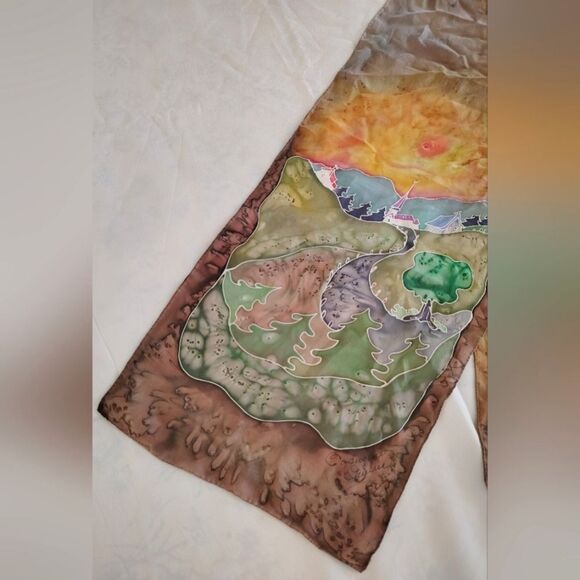 Vintage Handmade 💯 Long Silk Scarf Artisan Landscape - Picture 3 of 14